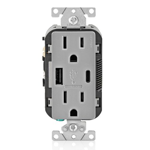 Main product image of Decora Tamper-Resistant Combination Duplex Receptacle w/ 18W (3.6A) Dual Type A/C USB Charger, NEMA 5-15R - Gray (15A, 125V)