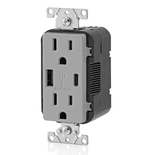 Main product image of Decora Tamper-Resistant Combination Duplex Receptacle w/ 18W (3.6A) Dual Type A/C USB Charger, NEMA 5-15R - Gray (15A, 125V)