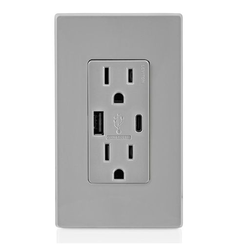 Main product image of Decora Tamper-Resistant Combination Duplex Receptacle w/ 18W (3.6A) Dual Type A/C USB Charger, NEMA 5-15R - Gray (15A, 125V)