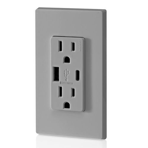 Main product image of Decora Tamper-Resistant Combination Duplex Receptacle w/ 18W (3.6A) Dual Type A/C USB Charger, NEMA 5-15R - Gray (15A, 125V)