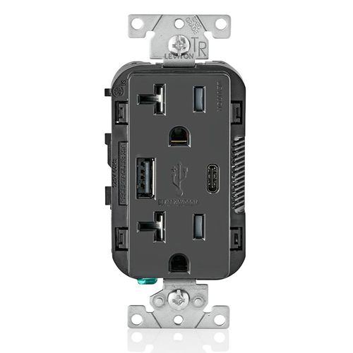 Main product image of Decora Tamper-Resistant Combination Duplex Receptacle w/ 25W+ (5.1A) Dual Type A/C USB Charger, NEMA 5-20R - Black (20A, 125V)
