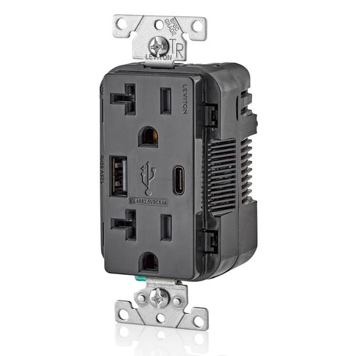 Main product image of Decora Tamper-Resistant Combination Duplex Receptacle w/ 25W+ (5.1A) Dual Type A/C USB Charger, NEMA 5-20R - Black (20A, 125V)