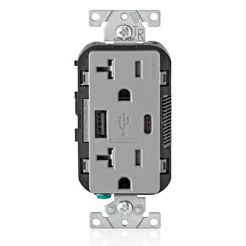 Main product image of Decora Tamper-Resistant Combination Duplex Receptacle w/ 25W+ (5.1A) Dual Type A/C USB Charger, NEMA 5-20R - Gray (20A, 125V)