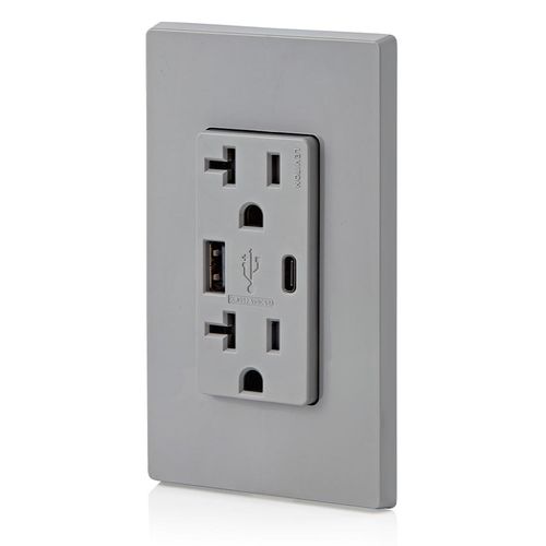 Main product image of Decora Tamper-Resistant Combination Duplex Receptacle w/ 25W+ (5.1A) Dual Type A/C USB Charger, NEMA 5-20R - Gray (20A, 125V)