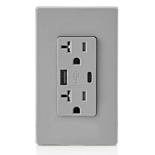 Main product image of Decora Tamper-Resistant Combination Duplex Receptacle w/ 25W+ (5.1A) Dual Type A/C USB Charger, NEMA 5-20R - Gray (20A, 125V)