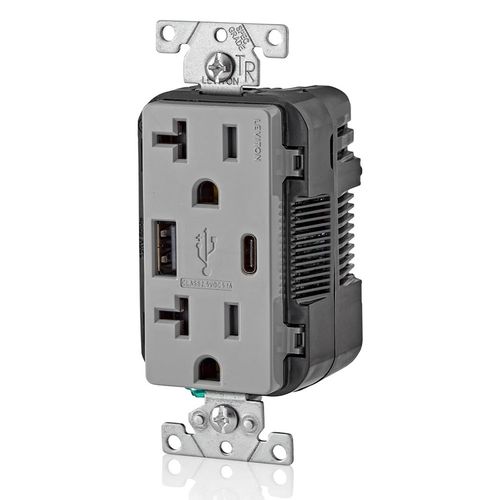 Main product image of Decora Tamper-Resistant Combination Duplex Receptacle w/ 25W+ (5.1A) Dual Type A/C USB Charger, NEMA 5-20R - Gray (20A, 125V)