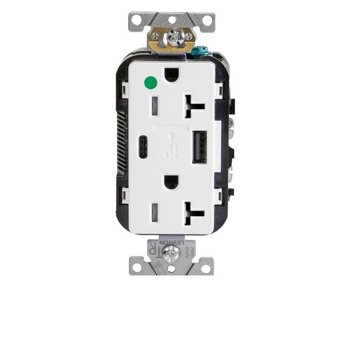 Main product image of Decora Plus 20A Tamper Resistant USB Duplex Receptacle, 125V, Back and Side Wire, NEMA 5-20R, 2-Pole, 3-Wire, Self-Grounding, (White), T5833-HGW
