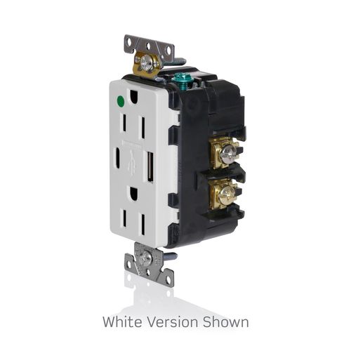 Main product image of Decora Plus 20A Tamper Resistant USB Duplex Receptacle, 125V, Back and Side Wire, NEMA 5-20R, 2-Pole, 3-Wire, Self-Grounding, (White), T5833-HGW