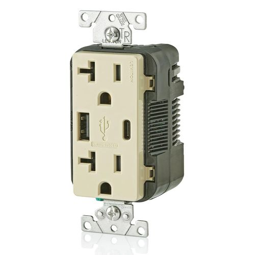 Main product image of Decora Tamper-Resistant Combination Duplex Receptacle w/ 25W+ (5.1A) Dual Type A/C USB Charger, NEMA 5-20R - Ivory (20A, 125V)