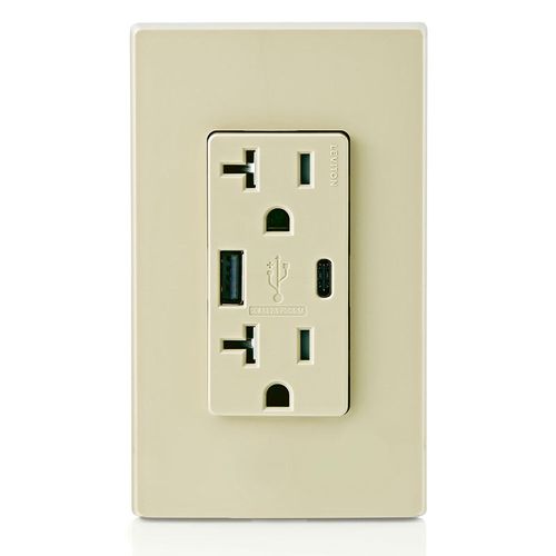 Main product image of Decora Tamper-Resistant Combination Duplex Receptacle w/ 25W+ (5.1A) Dual Type A/C USB Charger, NEMA 5-20R - Ivory (20A, 125V)