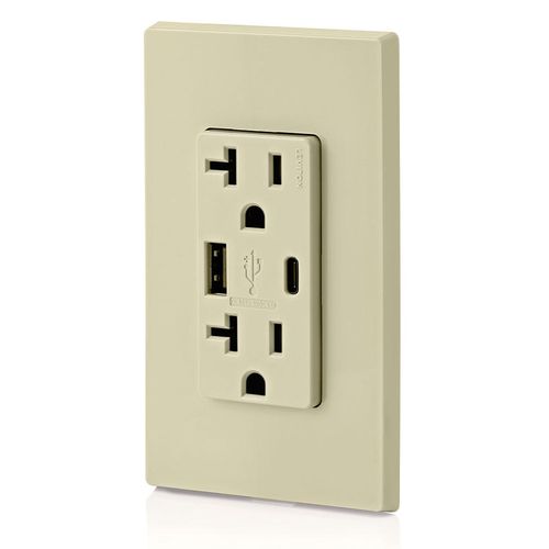 Main product image of Decora Tamper-Resistant Combination Duplex Receptacle w/ 25W+ (5.1A) Dual Type A/C USB Charger, NEMA 5-20R - Ivory (20A, 125V)