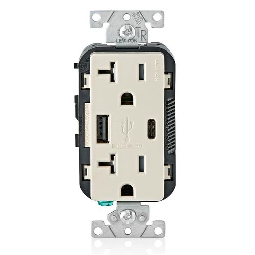 Main product image of Decora Tamper-Resistant Combination Duplex Receptacle w/ 25W+ (5.1A) Dual Type A/C USB Charger, NEMA 5-20R - Light Almond (20A, 125V)