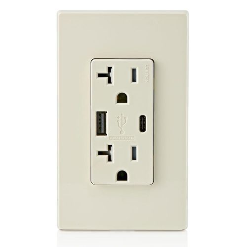 Main product image of Decora Tamper-Resistant Combination Duplex Receptacle w/ 25W+ (5.1A) Dual Type A/C USB Charger, NEMA 5-20R - Light Almond (20A, 125V)