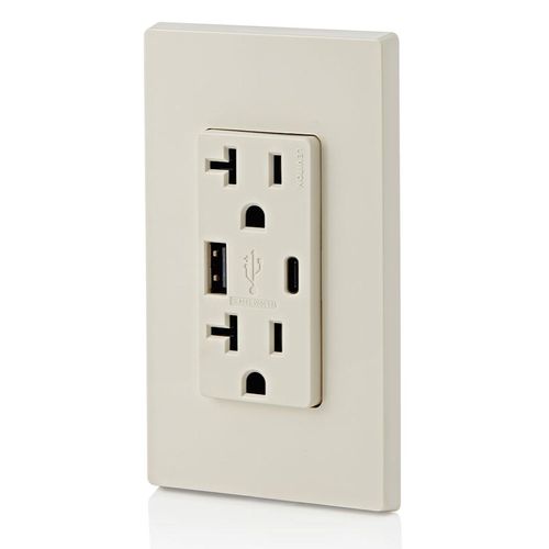 Main product image of Decora Tamper-Resistant Combination Duplex Receptacle w/ 25W+ (5.1A) Dual Type A/C USB Charger, NEMA 5-20R - Light Almond (20A, 125V)
