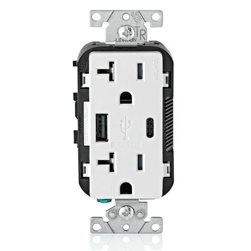 Main product image of Decora Tamper-Resistant Combination Duplex Receptacle w/ 25W+ (5.1A) Dual Type A/C USB Charger, NEMA 5-20R - White (20A, 125V)