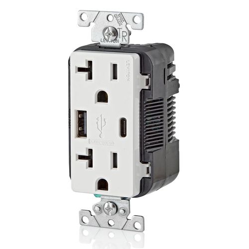Main product image of Decora Tamper-Resistant Combination Duplex Receptacle w/ 25W+ (5.1A) Dual Type A/C USB Charger, NEMA 5-20R - White (20A, 125V)
