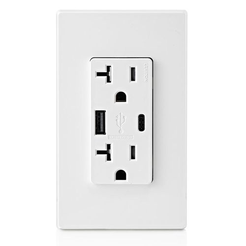 Main product image of Decora Tamper-Resistant Combination Duplex Receptacle w/ 25W+ (5.1A) Dual Type A/C USB Charger, NEMA 5-20R - White (20A, 125V)