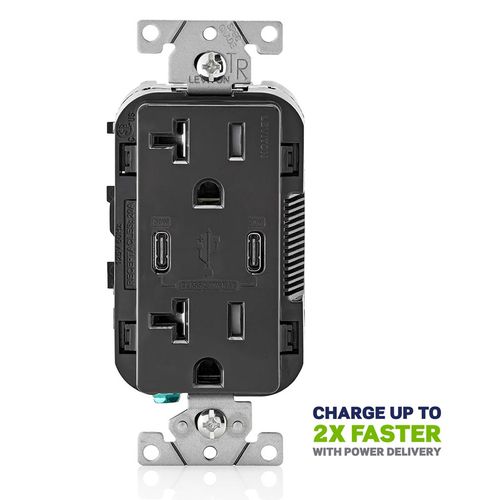Main product image of Decora Tamper-Resistant Combination Duplex Receptacle w/ 30W (6A) Dual Type C/C Power Delivery USB Charger, NEMA 5-20R - Black (20A, 125V)