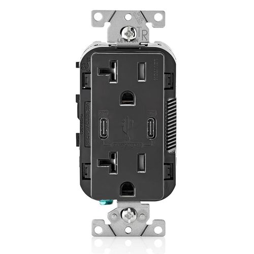 Main product image of Decora Tamper-Resistant Combination Duplex Receptacle w/ 30W (6A) Dual Type C/C Power Delivery USB Charger, NEMA 5-20R - Black (20A, 125V)