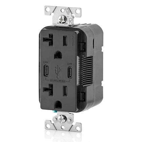 Main product image of Decora Tamper-Resistant Combination Duplex Receptacle w/ 30W (6A) Dual Type C/C Power Delivery USB Charger, NEMA 5-20R - Black (20A, 125V)
