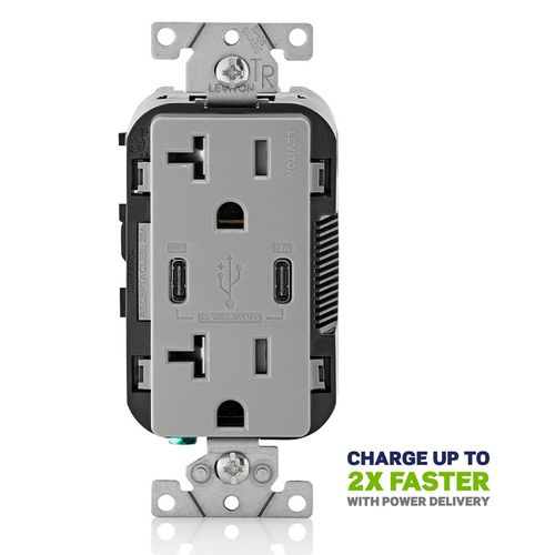 Main product image of Decora Tamper-Resistant Combination Duplex Receptacle w/ 30W (6A) Dual Type C/C Power Delivery USB Charger, NEMA 5-20R - Gray (20A, 125V)
