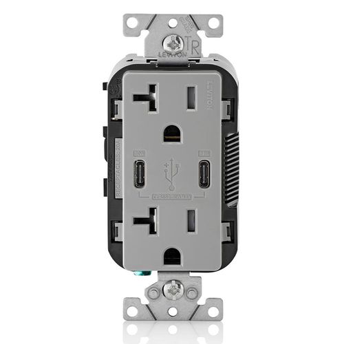 Main product image of Decora Tamper-Resistant Combination Duplex Receptacle w/ 30W (6A) Dual Type C/C Power Delivery USB Charger, NEMA 5-20R - Gray (20A, 125V)