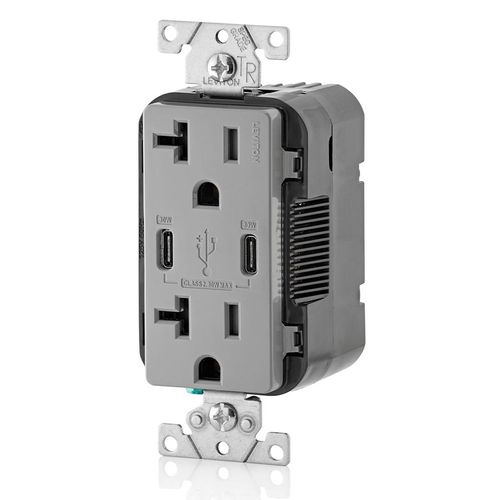 Main product image of Decora Tamper-Resistant Combination Duplex Receptacle w/ 30W (6A) Dual Type C/C Power Delivery USB Charger, NEMA 5-20R - Gray (20A, 125V)