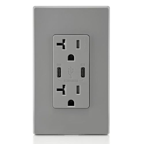 Main product image of Decora Tamper-Resistant Combination Duplex Receptacle w/ 30W (6A) Dual Type C/C Power Delivery USB Charger, NEMA 5-20R - Gray (20A, 125V)