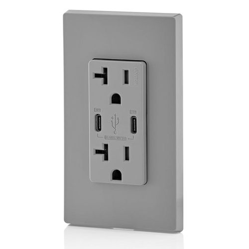 Main product image of Decora Tamper-Resistant Combination Duplex Receptacle w/ 30W (6A) Dual Type C/C Power Delivery USB Charger, NEMA 5-20R - Gray (20A, 125V)