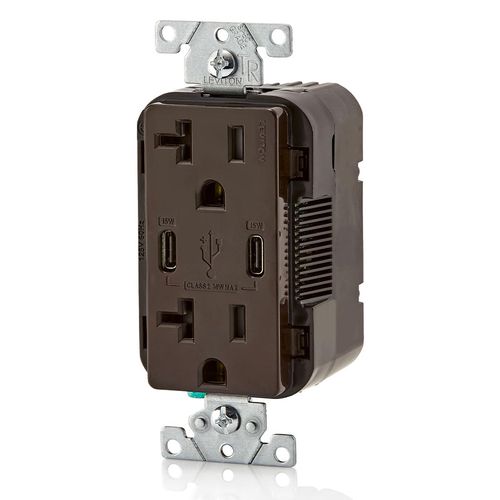 Main product image of Decora Tamper-Resistant Combination Duplex Receptacle w/ 30W (6A) Dual Type C/C USB Charger, NEMA 5-20R - Brown (20A, 125V)