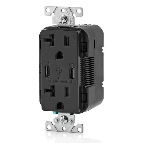 Main product image of Decora Tamper-Resistant Combination Duplex Receptacle w/ 30W (6A) Dual Type C/C USB Charger, NEMA 5-20R - Black (20A, 125V)