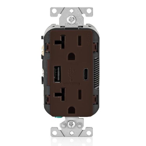 Main product image of Decora Tamper-Resistant Combination Duplex Receptacle w/ 18W (3.6A) Dual Type A/C USB Charger, NEMA 5-20R - Brown (20A, 125V)