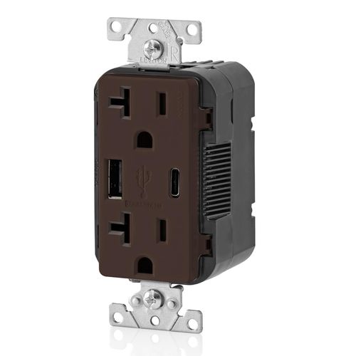 Main product image of Decora Tamper-Resistant Combination Duplex Receptacle w/ 18W (3.6A) Dual Type A/C USB Charger, NEMA 5-20R - Brown (20A, 125V)