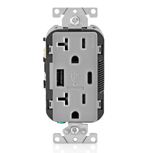 Main product image of Decora Tamper-Resistant Combination Duplex Receptacle w/ 18W (3.6A) Dual Type A/C USB Charger, NEMA 5-20R - Gray (20A, 125V)