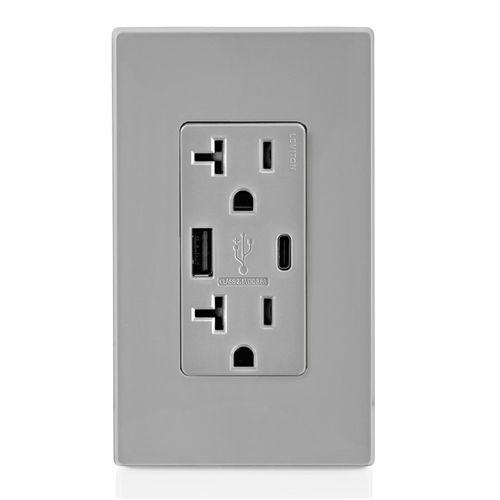 Main product image of Decora Tamper-Resistant Combination Duplex Receptacle w/ 18W (3.6A) Dual Type A/C USB Charger, NEMA 5-20R - Gray (20A, 125V)