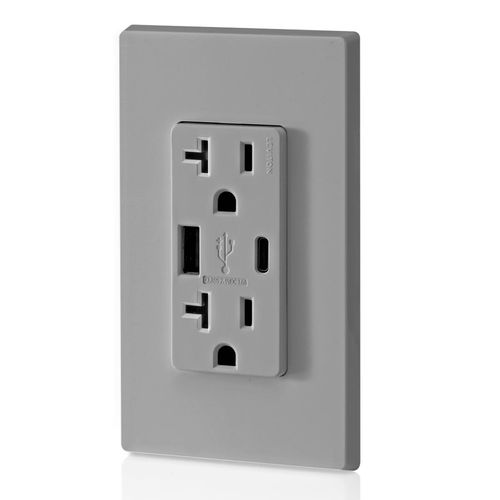 Main product image of Decora Tamper-Resistant Combination Duplex Receptacle w/ 18W (3.6A) Dual Type A/C USB Charger, NEMA 5-20R - Gray (20A, 125V)