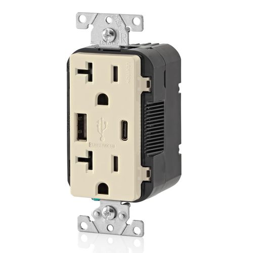 Main product image of Decora Tamper-Resistant Combination Duplex Receptacle w/ 18W (3.6A) Dual Type A/C USB Charger, NEMA 5-20R - Light Almond (20A, 125V)