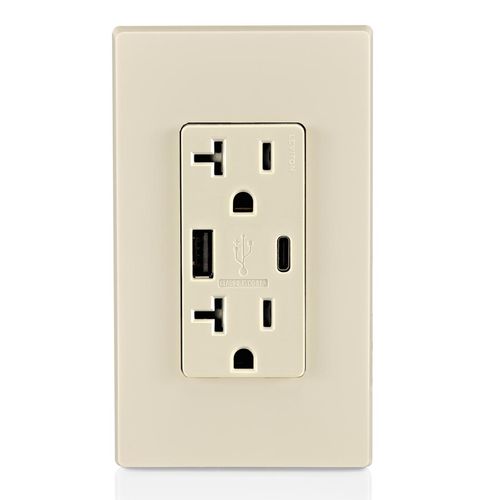 Main product image of Decora Tamper-Resistant Combination Duplex Receptacle w/ 18W (3.6A) Dual Type A/C USB Charger, NEMA 5-20R - Light Almond (20A, 125V)