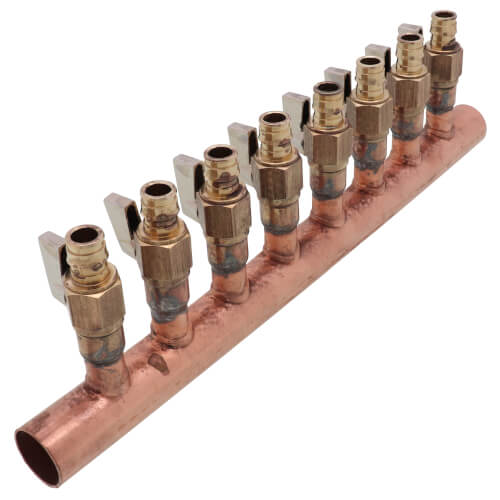 Main product image of 1" Copper Manifold w/ LF Brass 1/2" ProPEX Ball Valve, 8 Outlets (Lead Free Brass)