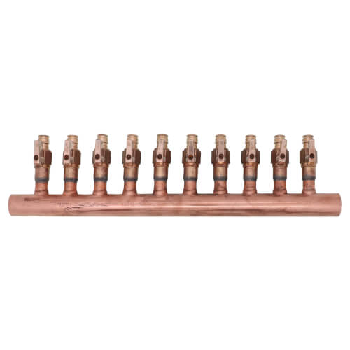 Main product image of 1" Copper Manifold w/ LF Brass 1/2" ProPEX Ball Valve, 10 Outlets (Lead Free Brass)