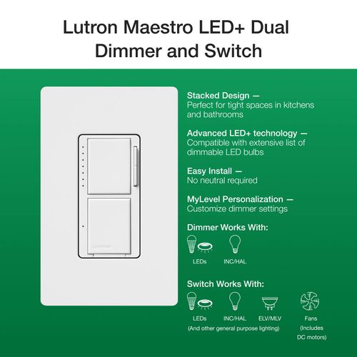 Main product image of Maestro Dual LED+ Control Dimmer & Switch, 120V, 75W, 2.5A (Light Almond)