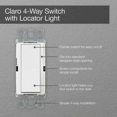 Main product image of Claro On/Off Rocker Switch w/ Night Light, 15A 4-Way (Snow)