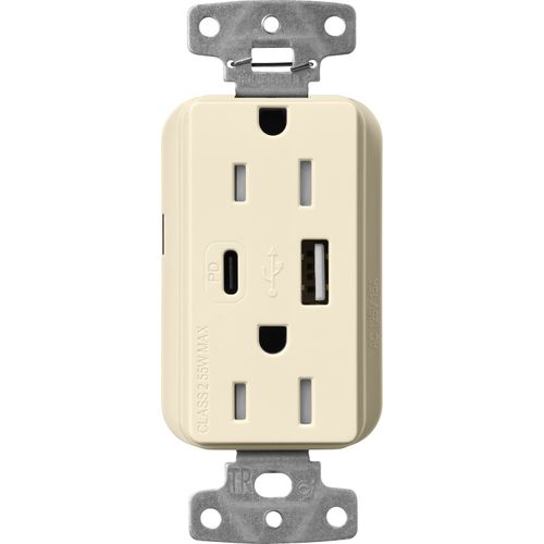 Main product image of Claro 15A USB Type A&C Duplex Receptacle, Gloss Finish (Almond), CAR-15-ACTR-AL