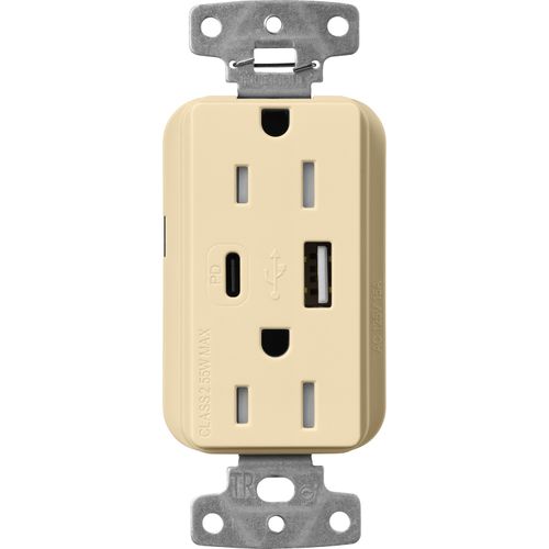 Main product image of Claro 15A USB Type A&C Duplex Receptacle, Gloss Finish (Ivory), CAR-15-ACTR-IV