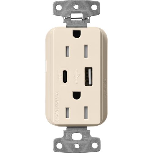 Main product image of Claro 15A USB Type A&C Duplex Receptacle, Gloss Finish (Light Almond), CAR-15-ACTR-LA