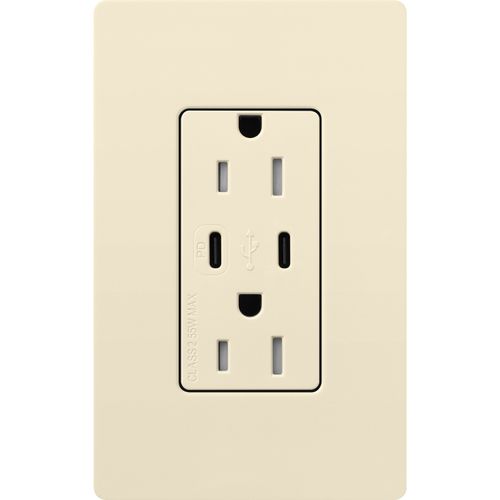 Main product image of Claro 15A USB Type C Duplex Receptacle, Gloss Finish (Almond), CAR-15-CCTR-WH
