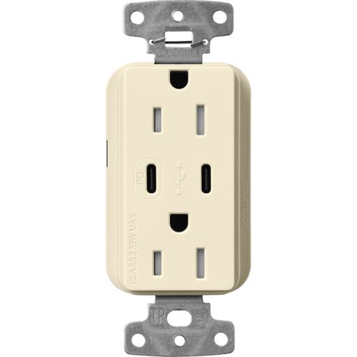 Main product image of Claro 15A USB Type C Duplex Receptacle, Gloss Finish (Almond), CAR-15-CCTR-WH