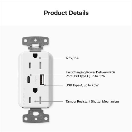 Main product image of Claro 15A USB Type A&C Duplex Receptacle (Deep Sea), SCR-15-ACTR-DE