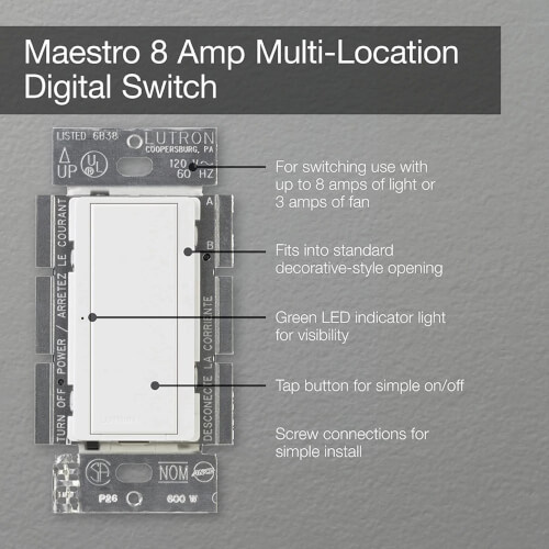 Main product image of Maestro 8A Electronic Switch, Neutral Required, 950W Lighting/3A Fan, 120V, Single Pole/3-Way, MA-S8AM-XX / MSC-S8AM-WH, White