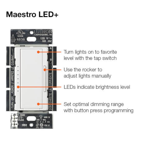 Maestro LED+ Dimmer Switch, 150W LED, Single Pole/Multi-Location, No Neutral Required,120V, MACL-153P-WH, White